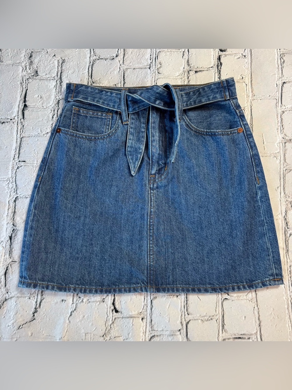 Madewell Rigid Denim Straight Blue Denim Mini Skirt A-Line Tie Waist Size 24